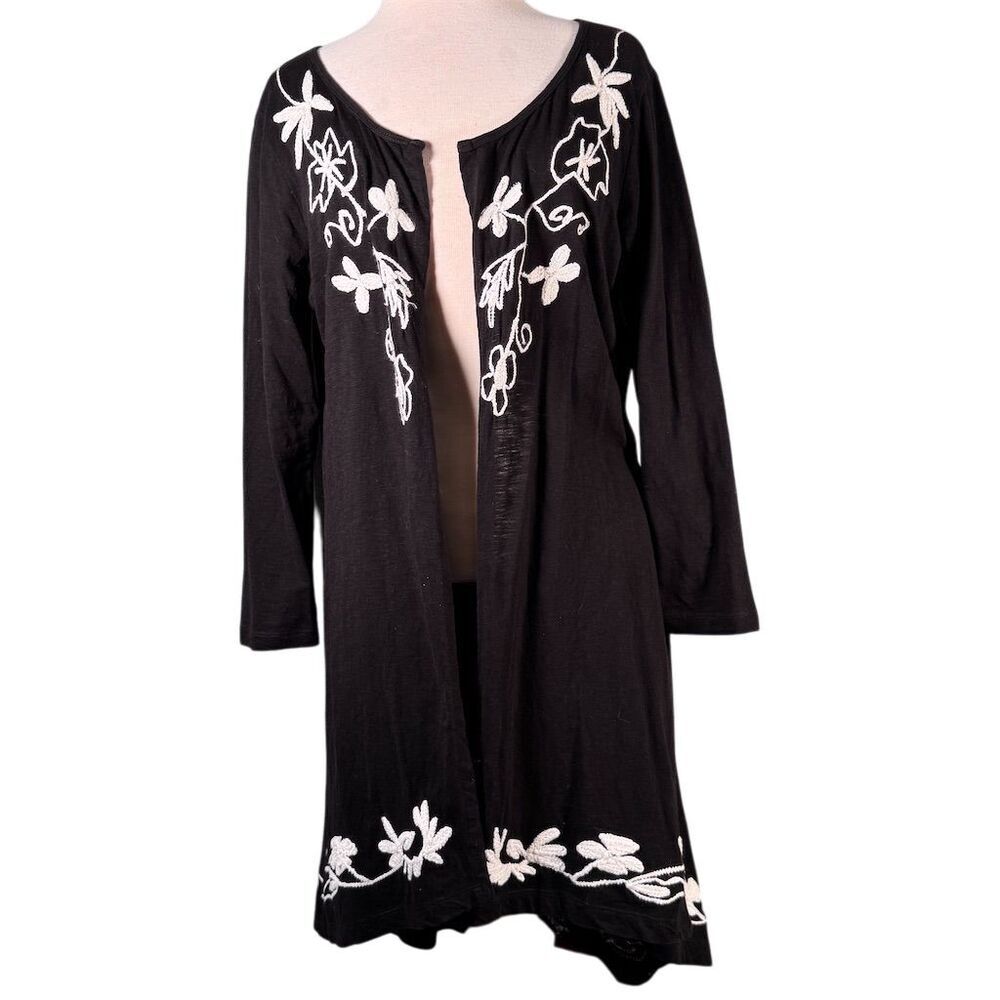 Natural Impressions Women's Size XL Black Embroidered Open Front Cotton Cardigan